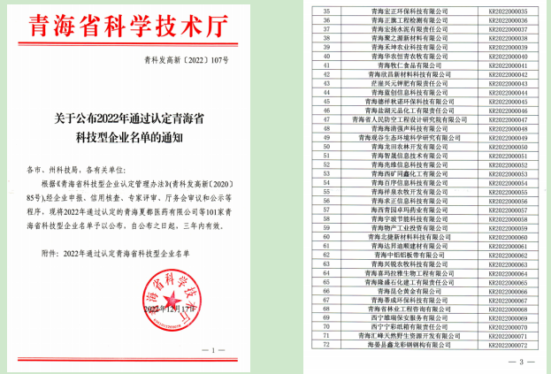 工投公司被青海省科技廳成功認定為“青海省科技型企業”